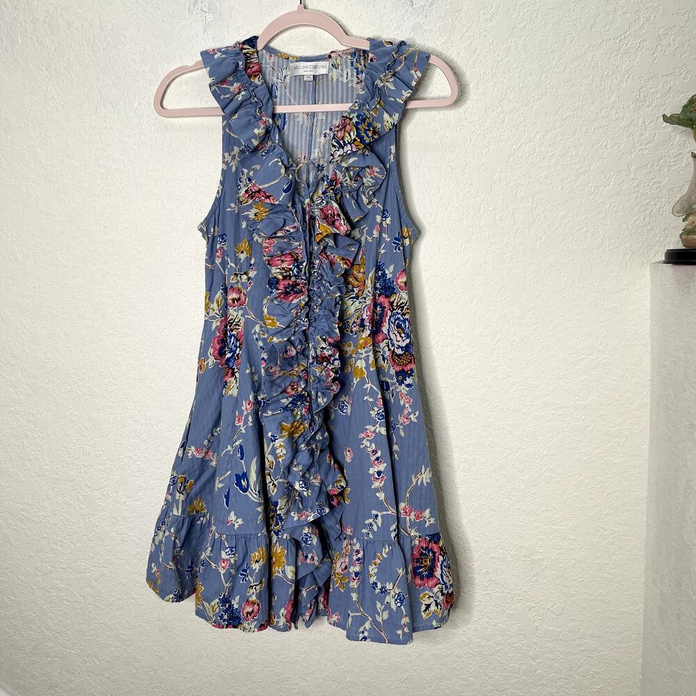 Caroline Constas XS Blue Floral Cotton Ruffle Mini Dress Sleeveless Boho